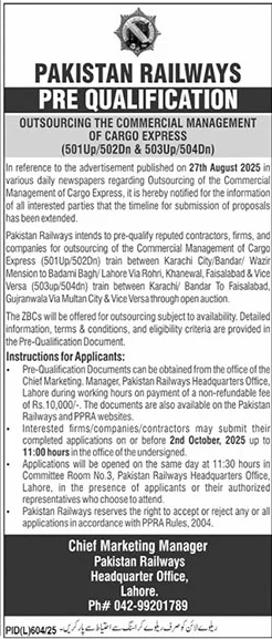 Pakistan Railways Lahore Tender Notice